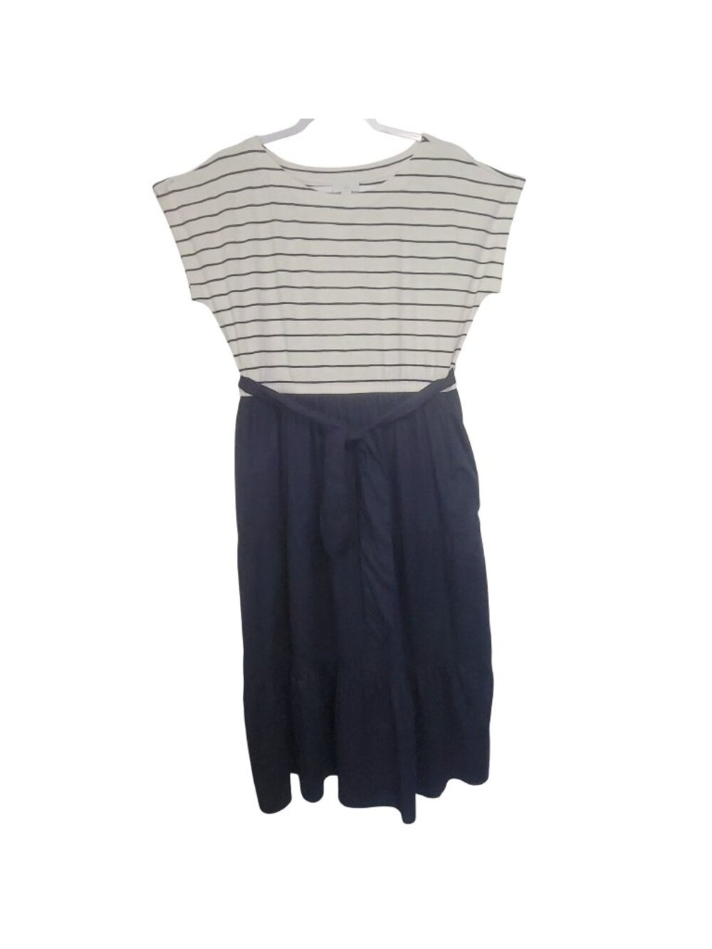 J. Jill Striped Cream & Navy Midi Dress With Tie Waist Size M New Tiered